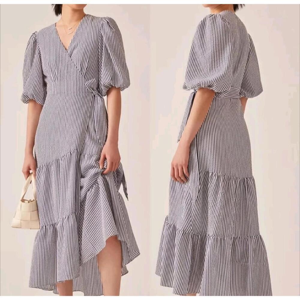Anthropologie x Hutch Tiered Wrap Midi Dress Striped Blue White Size XSP Petite